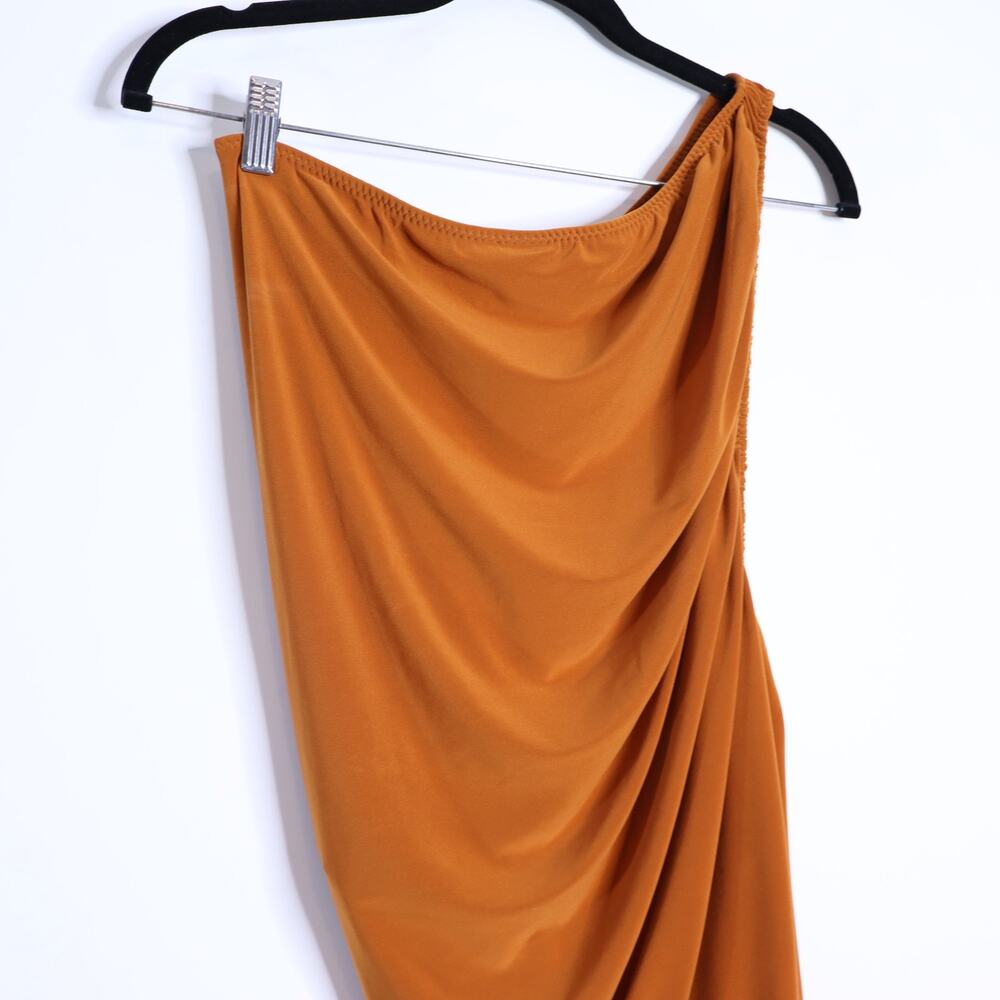 NORMA KAMALI Diana Ruched Gown Cinnamon Orange Midi Dress Women's L/40 - Picture 8 of 12